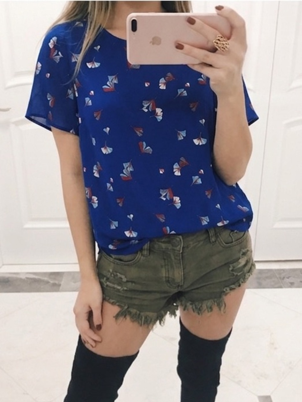 Banana Republic Royal Blue Short-Sleeve Printed Top